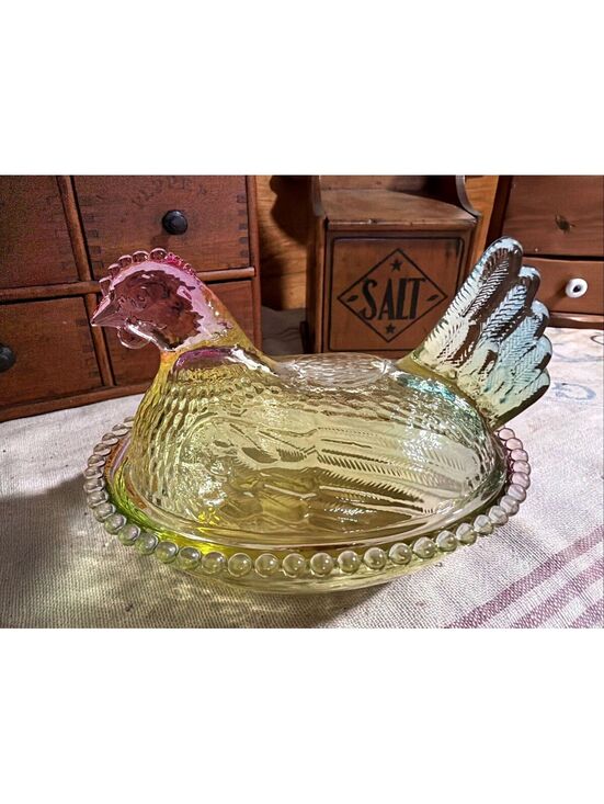 Other - Pastel Rainbow Glass Hen on a Nest 2 piece 7” Country Farmhouse Cottage Decor